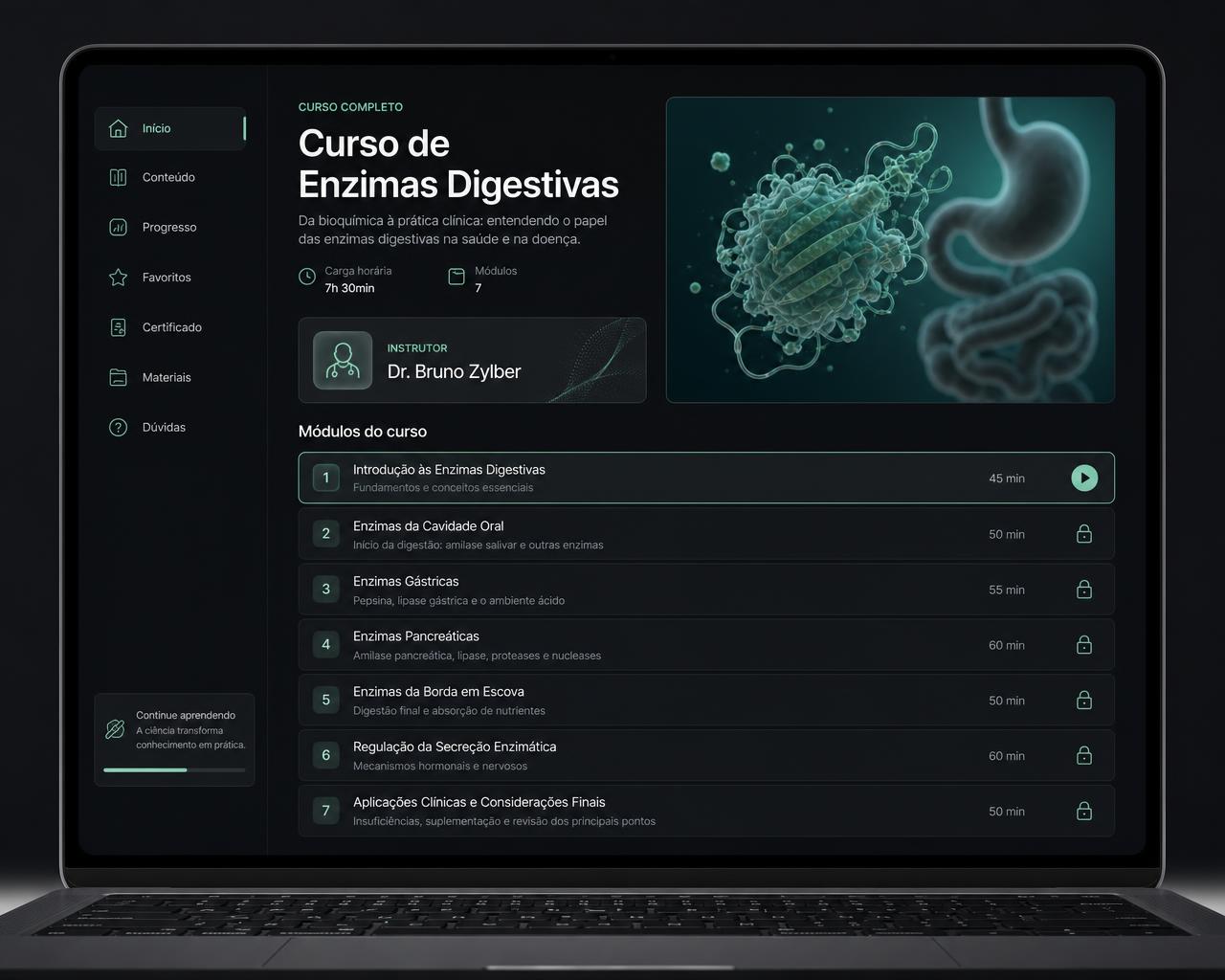 Mockup da plataforma do Curso de Enzimas Digestivas com módulos listados